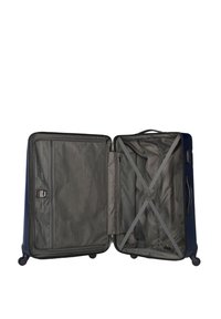 Harte blaue Reisetasche mit grauem Innenraum, zwei Fächern, einer Innen-Netz-Tasche und Kreuzgurten zur Sicherung des Inhalts.