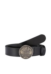 Black leather belt with round antique silver buckle embossed with "JOOP! JEANS" and decorative design.