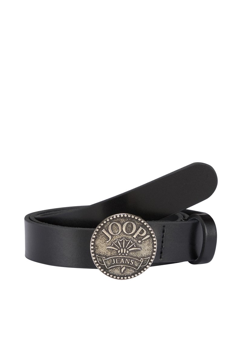 Black leather belt with round antique silver buckle embossed with "JOOP! JEANS" and decorative design.