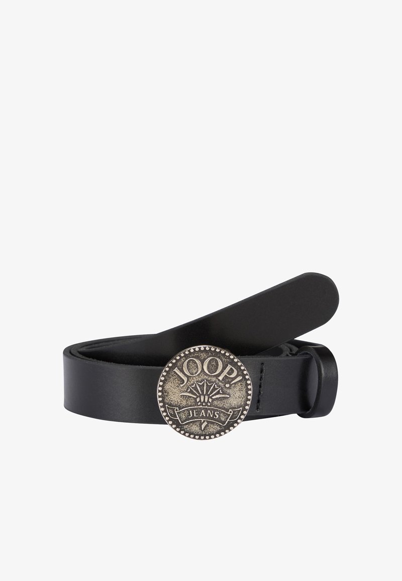 Black leather belt with round antique silver buckle embossed with "JOOP! JEANS" and decorative design.