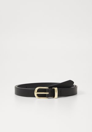 Black leather belt with a gold-tone buckle, featuring a smooth texture and a classic design. The belt is thin and adjustable.