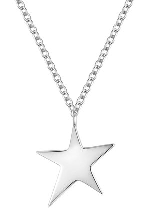 Ciondolo a forma di stella argentata su una catena metallica, con una superficie lucida e riflettente e cinque punte, creando un design geometrico.