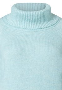 Lichtblauwe gebreide coltrui met een brede ribgebreide kraag en een glad breipatroon op het lichaam en de mouwen.