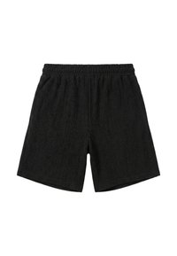 Shorts en tissu noir texturé avec une ceinture élastique, longueur mi-cuisse, et un ourlet droit sur fond blanc.