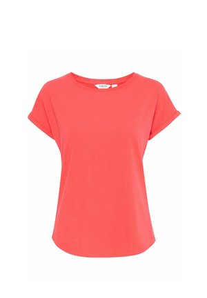T-shirt corail à manches courtes avec un col rond, fabriqué en tissu doux. Équipé de manches roulées et d'une coupe décontractée.