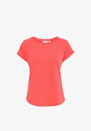 T-shirt corail à manches courtes avec un col rond, fabriqué en tissu doux. Équipé de manches roulées et d'une coupe décontractée.
