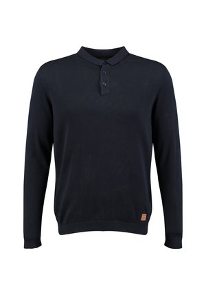 Schwarzes Polohemd mit langen Ärmeln, drei Knöpfen und gerippten Bündchen und Saum, mit einem kleinen braunen Etikett nahe dem unteren Rand.