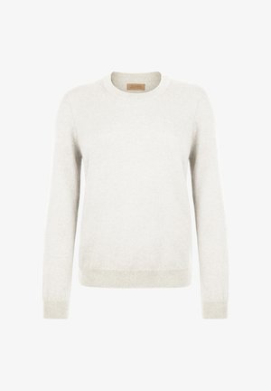 Hellgrauer Pullover aus weichem Strickstoff, mit Rundhalsausschnitt und langen Ärmeln, sowie gerippten Bündchen und Saum für zusätzliche Textur.