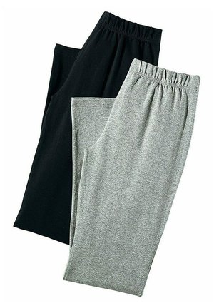 Zwei Paare von Leggings mit elastischem Bund; eine schwarz, eine meliert grau. Beide zeichnen sich durch eine glatte, weiche Textur und ein gerades Bein-Design aus.