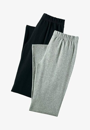 Twee paar leggings met een elastische tailleband; één zwart en één heathergrijs. Beide hebben een zachte, gladde textuur en een recht model.