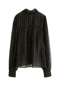 Sort gennemsigtig bluse med lange ærmer, med en samlet ryg, guldprikket mønster og knapmanchetter. Blød tekstur med et let design.