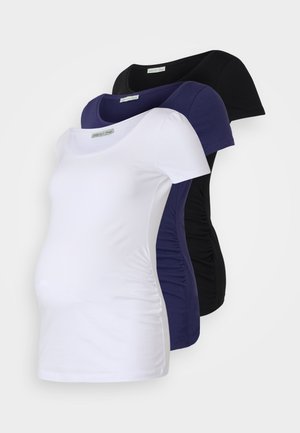 T-shirt per maternità in tre colori: bianco, blu navy e nero. Cotone morbido, design a maniche corte con lati arricciati per comfort e vestibilità.