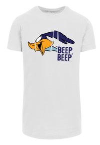 Biele bavlnené tričko s dizajnom rozprávkového vtáka s modrými a oranžovými akcentmi a textom "BEEP BEEP" v tučných námorníckych písmenách.