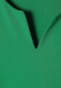 Green short-sleeved top featuring a V-neckline. Made from smooth, stretchy fabric with a consistent texture. No visible patterns or accents.