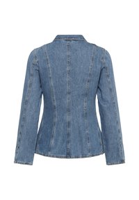 Veste en jean bleue vue de dos avec manches longues, coutures verticales et taille cintrée.