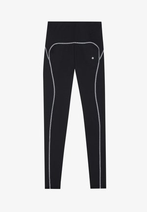 Black leggings made of stretch fabric with contrasting gray stitching along the sides and a small logo near the waistband.