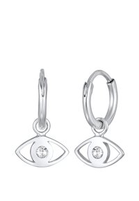Sølv hoops øreringe med et øjeformet design og en central klar gemsten. Glat finish, let vægt og moderne stil.