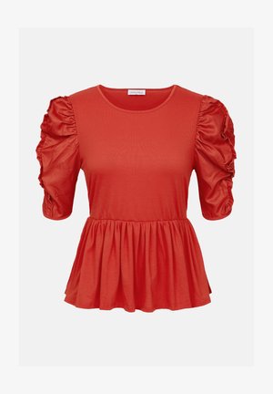 Rød kortermet topp med pufferm som er samlet og en vid nederkant. Laget av mykt stoff med en jevn tekstur. Rund hals.