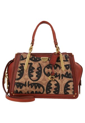 Bruine en beige handtas met twee handgrepen aan de bovenkant, abstract zwart bladmotief, goudkleurige accenten en afneembare lange schouderriem.