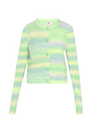 Green and pastel-striped cropped cardigan with ribbed texture, featuring five green buttons down the front and a round neckline.