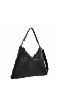Borsa a tracolla in pelle nera con forma triangolare, superficie testurizzata, tracolla regolabile, accessori in argento e zip con dettagli colorati.