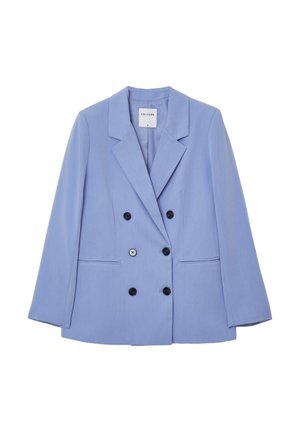 Light blue double-breasted blazer with notched lapels, two front pockets, and black buttons. Smooth texture and tailored fit.