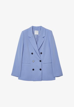 Hellblauer, doppelt geknöpfter Blazer mit Reverskragen, zwei vorderen Taschen und schwarzen Knöpfen. Glatte Textur und taillierte Passform.