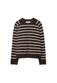Brązowo-biały sweter w paski, wykonany z miękkiego materiału, z okrągłym dekoltem, ściągaczami na rękawach oraz krótkim krojem.