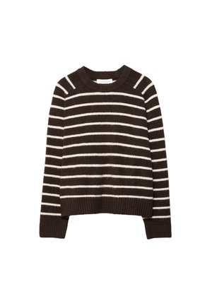 Maglione a righe marroni e bianche, realizzato in materiale morbido, con scollatura rotonda, polsini a coste e design corto.