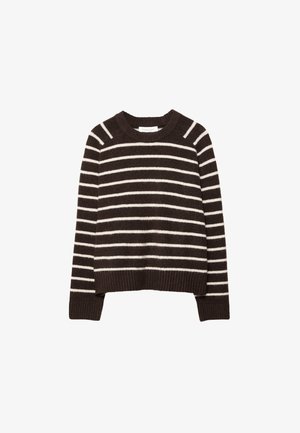 Pull rayé marron et blanc, en matière douce, avec un col rond, des poignets côtelés et une coupe courte.