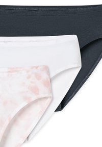 Three pairs of underwear: one dark grey, one white, and one light pink with a subtle tie-dye pattern. Cotton material, seamless design.