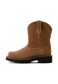 Braune Wildleder-Cowboy-Stiefel mit abgerundeter Spitze, hohem Schaft und Blockabsatz. Verfügt über dekorative Stickerei und ein Logo an der Seite.