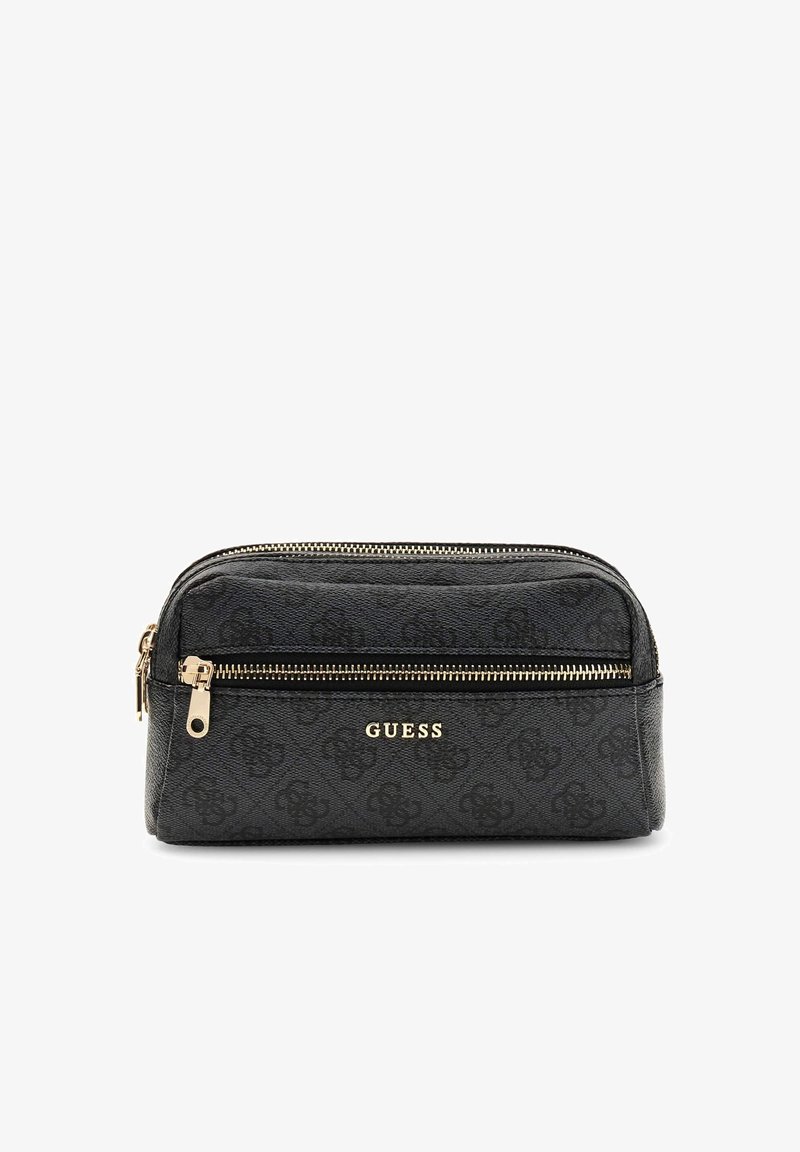Zwarte Guess-etui met rits, met reliëfpatroon, ritssluitingen in goudkleur en een voorvak, rechthoekige vorm voor het opbergen van kleine items.