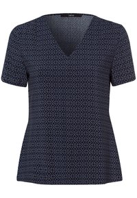 Top de manga corta en color navy con diseño en V, que presenta un patrón geométrico texturizado de diamantes en tonos más claros, fabricado con un tejido suave.