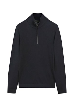 Navy pullover sweater with a high collar, half-zip front, long sleeves, ribbed cuffs, and a textured knit fabric.