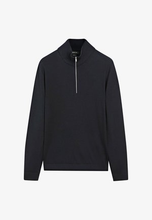 Navy pullover sweater with a high collar, half-zip front, long sleeves, ribbed cuffs, and a textured knit fabric.