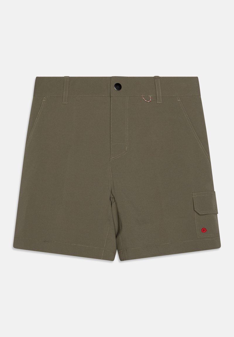 Olivgröna shorts med rak front, knäppning, framfickor och en sidoficka i cargo-stil med röda detaljer och sömmar.