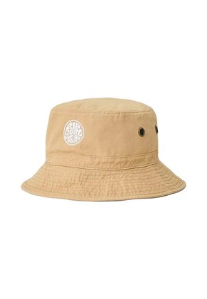 Sombrero tipo pescador de algodón beige con ala redonda, ojales de ventilación laterales y logo circular blanco de Rip Curl bordado en el frente.