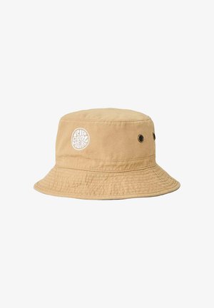 Sombrero tipo pescador de algodón beige con ala redonda, ojales de ventilación laterales y logo circular blanco de Rip Curl bordado en el frente.