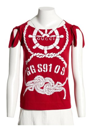 Rød ærmeløs top med hvidt nautisk tov- og skibshjul-design, bindbare skulderstropper og "GUCCI" tekst foran.