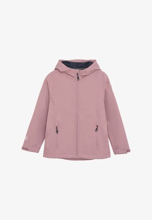 Giacca impermeabile rosa con cappuccio, zip anteriore, due tasche laterali e polsini elasticizzati. Interno foderato con colore a contrasto al cappuccio.