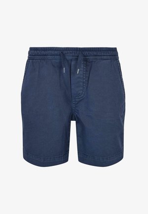 Pantaloni corti blu navy realizzati in tessuto leggero, con vita elastica e cordino, e un design semplice e dritto.