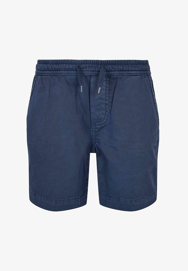 Tamsiai mėlyni šortai, pagaminti iš lengvos medžiagos, turintys elastinę juosmenį su raišteliu ir paprastą, tiesų kirpimą.