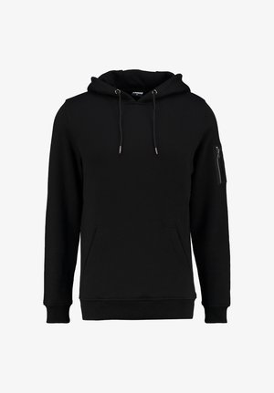 Sweatshirt à capuche noire en coton, avec une poche kangourou à l'avant, des cordons de serrage et une poche zippée sur la manche gauche.