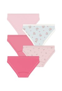 Πέντε ζευγάρια γυναικεία εσώρουχα σε διάφορες αποχρώσεις του ροζ. Τα σχέδια περιλαμβάνουν ριγέ, φλοράλ και μονόχρωμα με αντιθετικές ραφές.