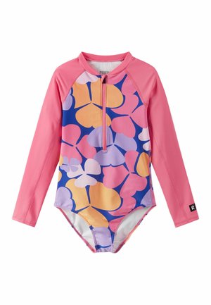 Długi rękaw: strój kąpielowy dla dziewczynek z zamkiem z przodu, różowe rękawy i wielokolorowy niebieski, żółty, fioletowy i różowy kwiatowy wzór na torsie.