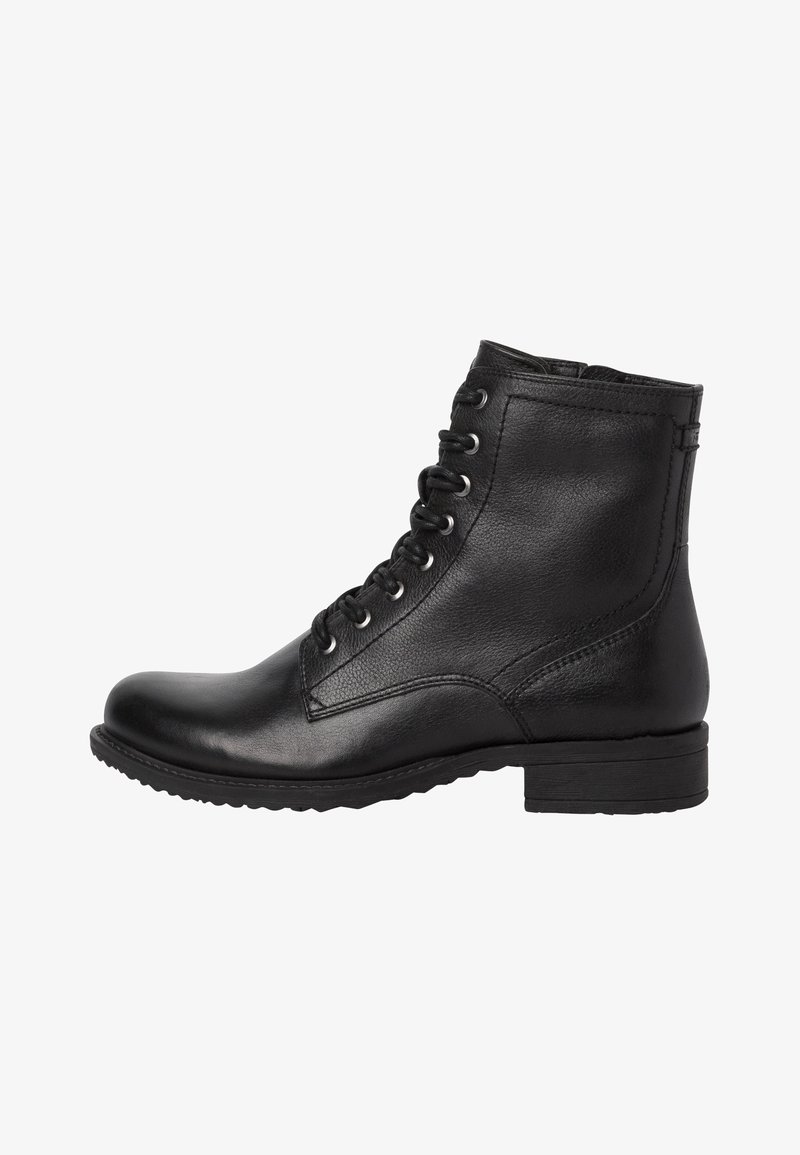 Černá kožená kotníková bota s kulatou špičkou, šněrováním vpředu a nízkým blokovým podpatkem. Disponuje hladkým povrchem a jemnými švy.