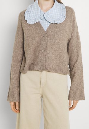 Personne portant un pantalon beige à jambes larges, un cardigan marron boutonné et une chemise à carreaux bleus avec un large col à volants.