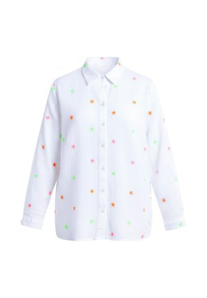 Valkoinen napitettava kauluspaita, jossa on värikäs tähtisomiste pinkillä, vihreällä ja oranssilla. Valmistettu kevyestä kankaasta, jossa on teksturoitu pinta.