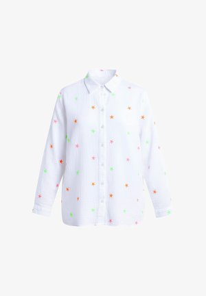 Weißes Hemd mit Knöpfen, verzierend mit bunten Sternstickereien in Pink, Grün und Orange. Hergestellt aus leichtem Stoff mit strukturierter Oberfläche.